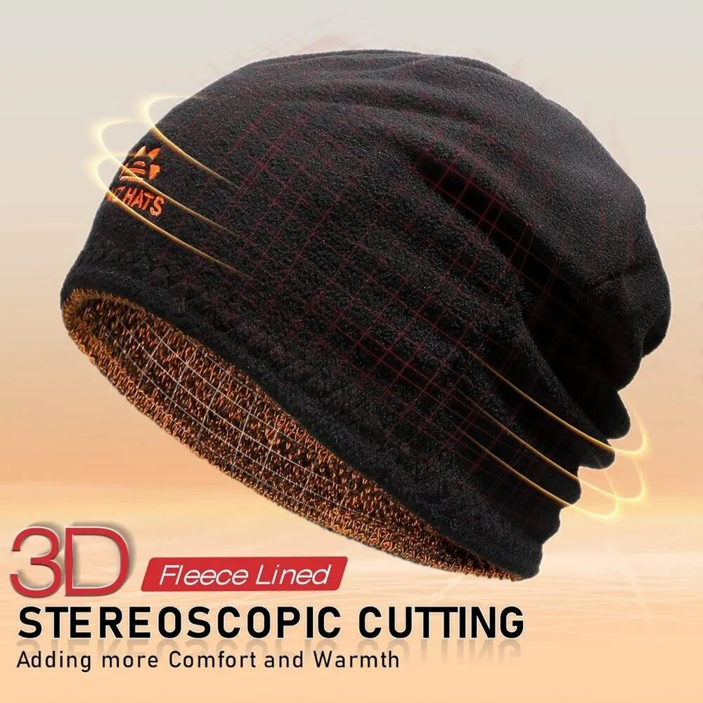 Men Dark Orange+black Lvaiz Fleece Lined Beanie Hat Windproof Winter Unisex - Picture 3 of 7